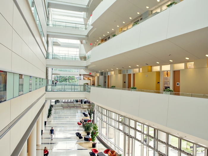 interior shot of biomedical sciences research building lobby with comfy chairs, plants, and lots of natural light