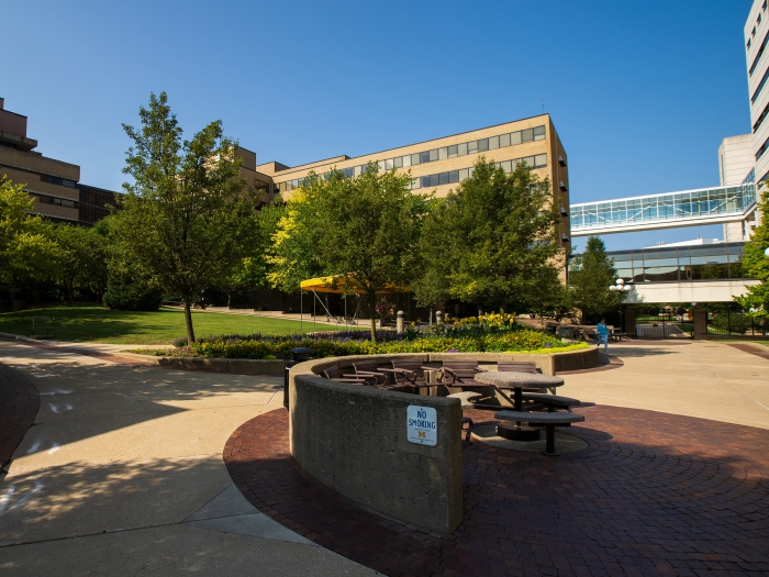 university hospital courtyard with skybridge in background 