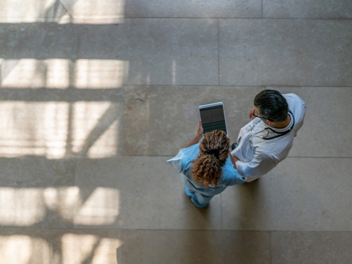 An overhead shot of two people talking