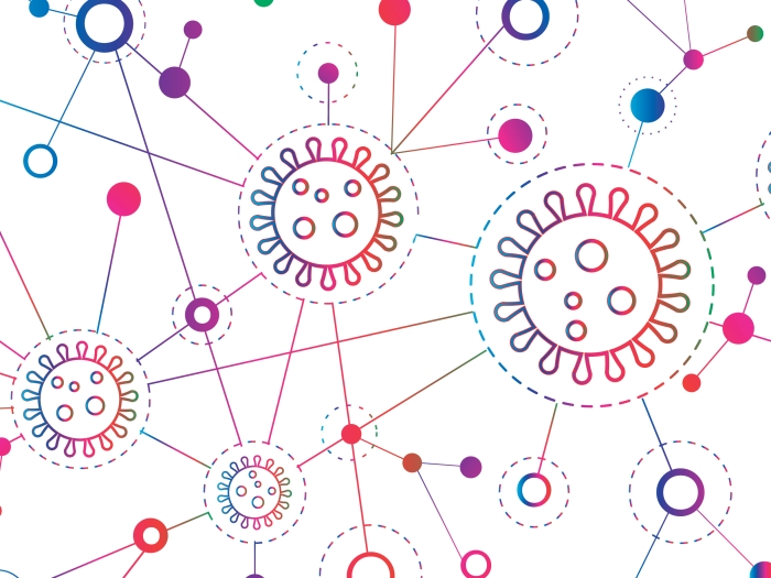 Pink, blue, purple illustration of COVID-19 virus