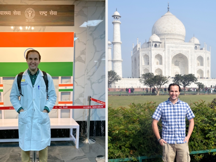 man in white coat standing in front of flag and another photo merged next to it of a man in checkered shirt blue and white in front of a huge white building in background with blue sky and greenery before it in the distance