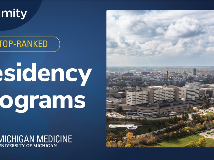 Text reading "20+ Top-Ranked Residency Programs" next to an image of Michigan Medicine buildings