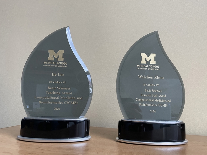 EBS award trophees, engraved with professor Jie Liu and professor Weichen (Arthur) Zhou's names