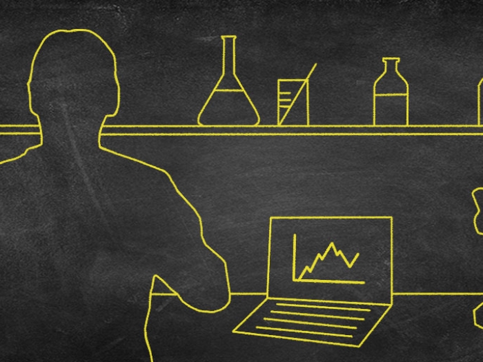 Illustrated graphic of a person working in a lab