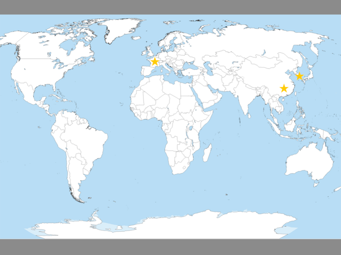 World map using maize stars to indicate France, China and Korea