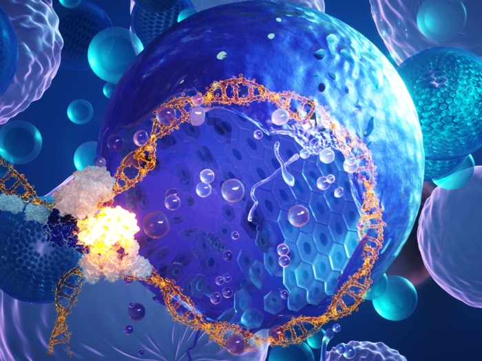 blue cells close up with orangey see through circle going in and an explosion of bright yellow orange to the far left in that circle with purple circles floating in background