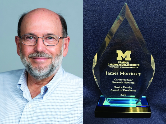 Headshot of Dr. James Morrissey alongside photo of his 2024 award from UM Cardiovascular Research Network