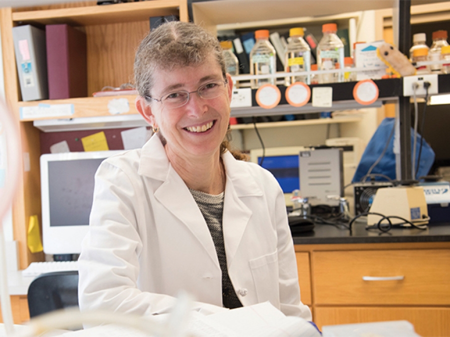 Chair Phyllis Hanson seated and smiling in a laboratory