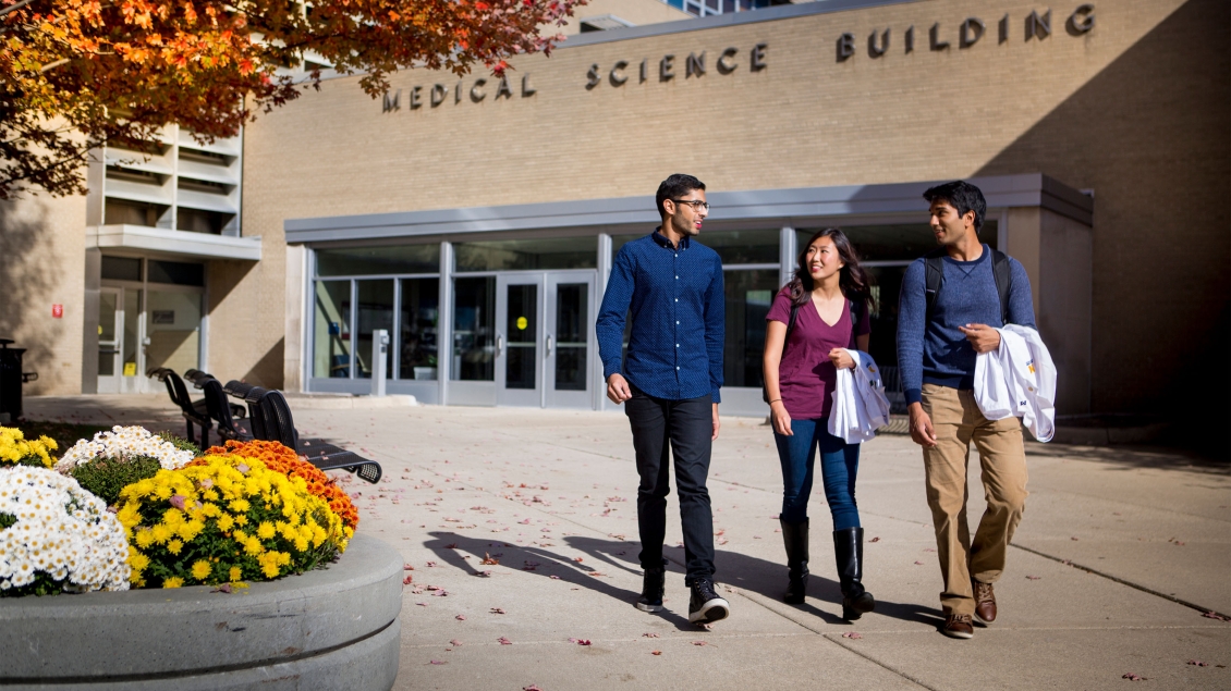 Three students walking across campus together