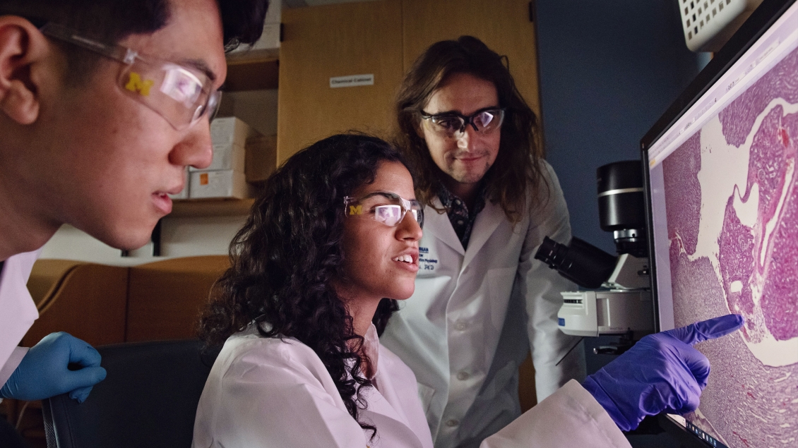 Three people reviewing results on a computer screen